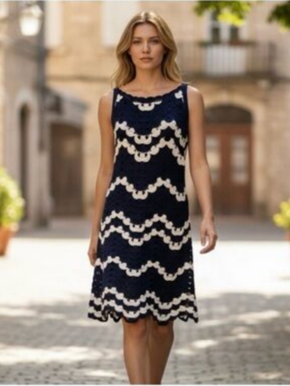 House Of Harlow 1960 Women's Navy & White Crochet scalloped Midi Dress Size XS
